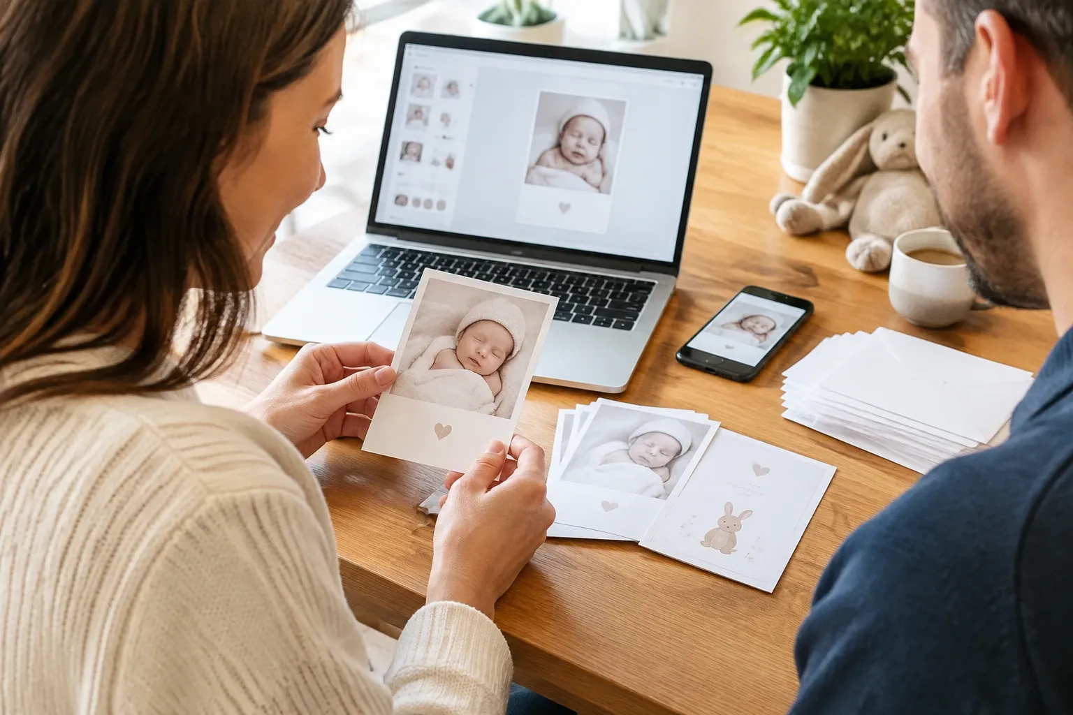 Ouders bekijken geboortekaartjes met babyfoto's, laptop en stapel gedrukte kaartjes