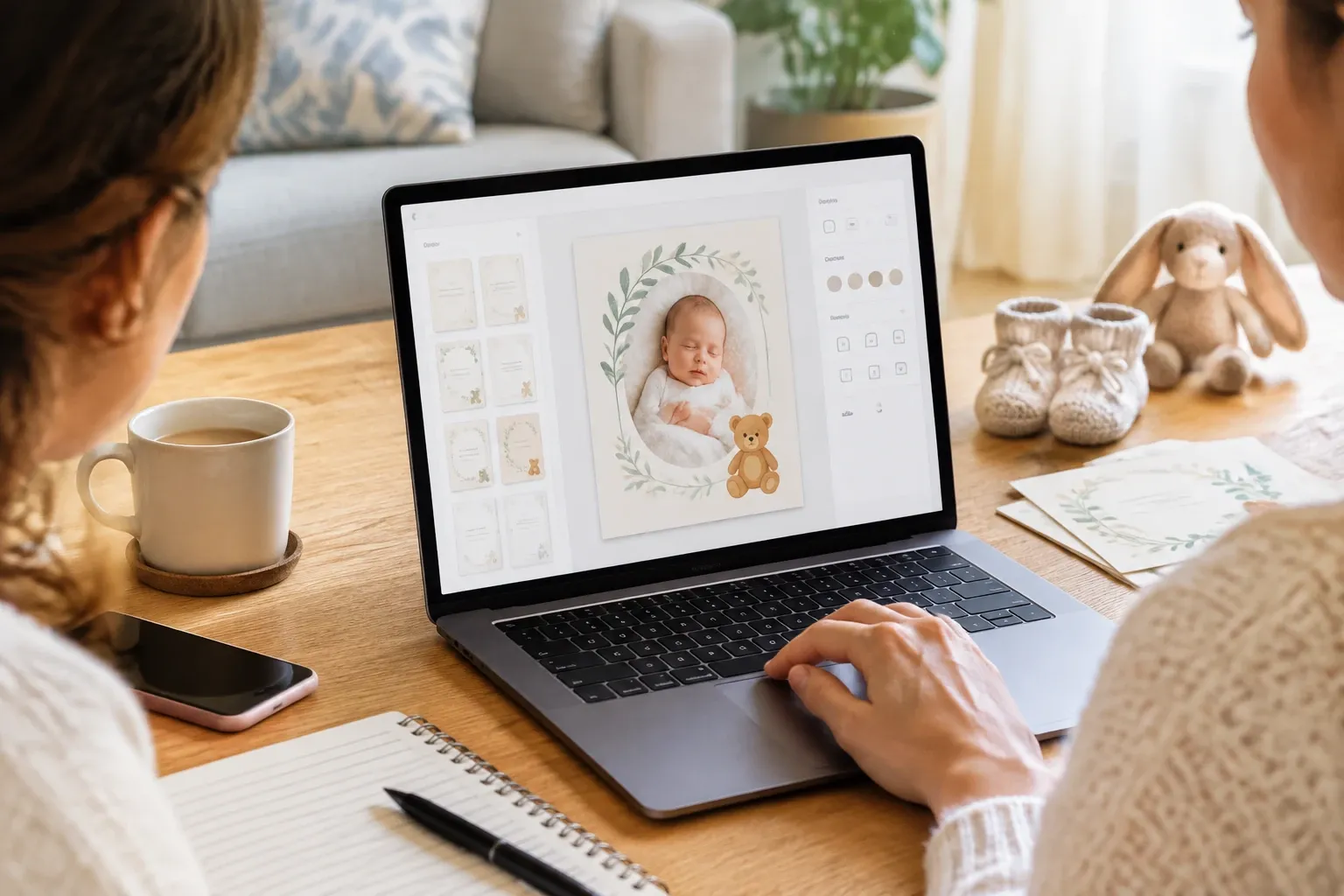 Twee personen bewerken een geboortekaartje met babyfoto op laptop aan houten tafel