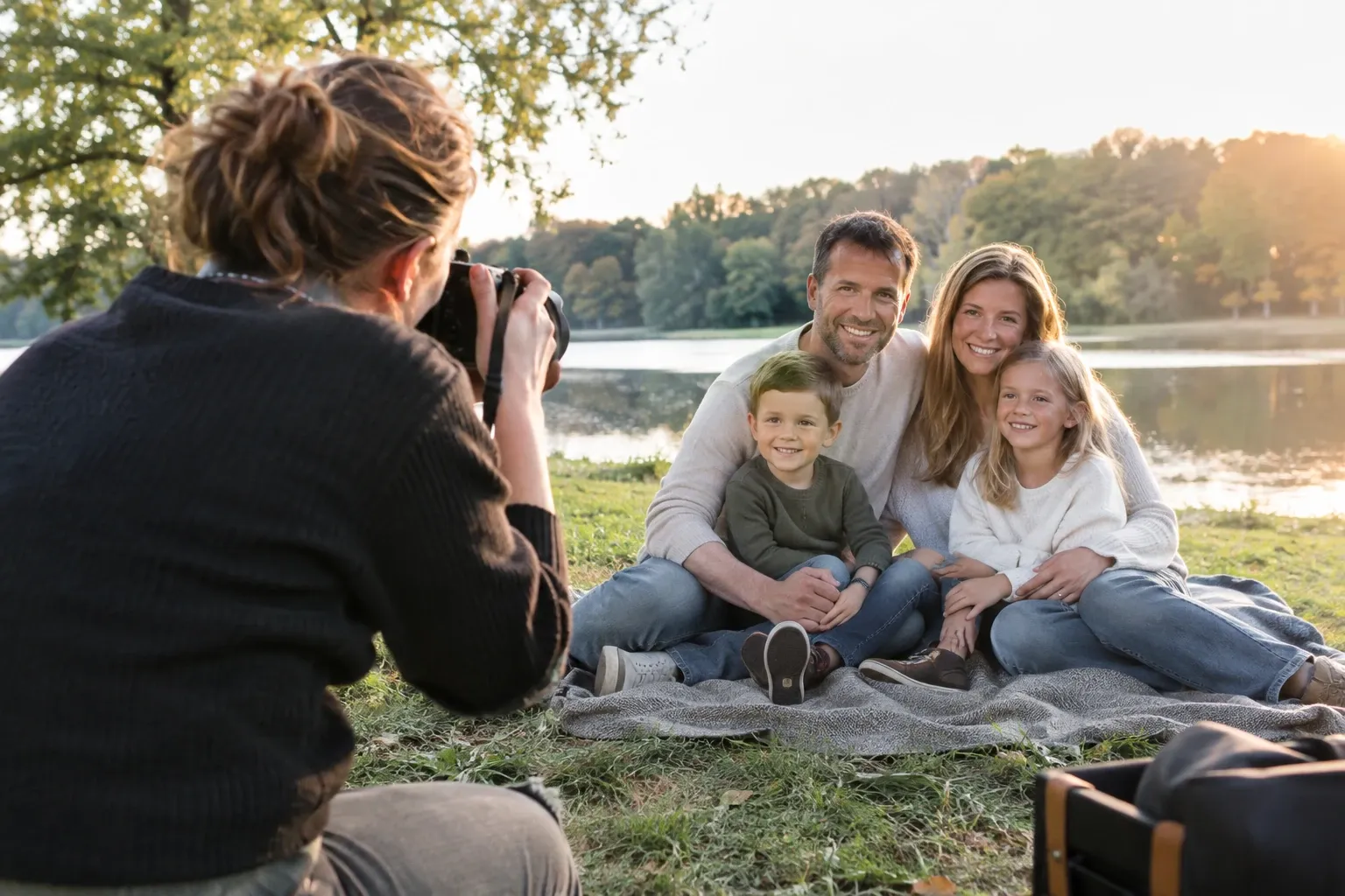 Graaf maakt buitenfamilieshoot bij meer, ouders met twee kinderen glimlachen
