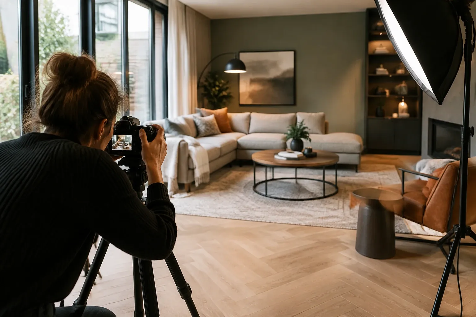 Graaf met statief en softbox richt camera op sfeervolle woonkameropstelling met hoekbank